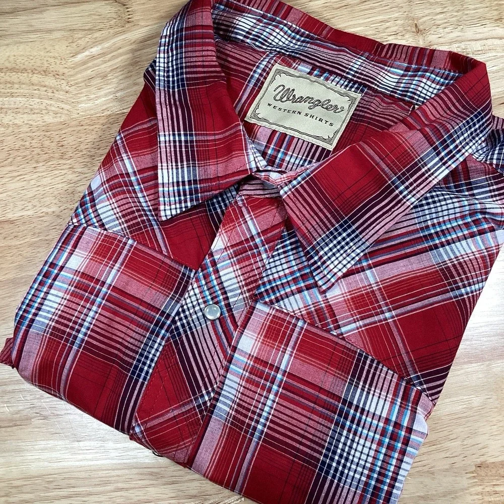 Men's Wrangler Short Sleeved Pearl Snap Plaid Wester Shirt Cowboy Big & Tall 5XL